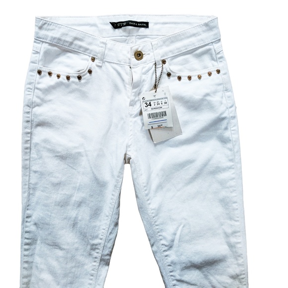 Zara White Skinny Jeans Gold Studs Ankle Zips - Picture 2 of 5
